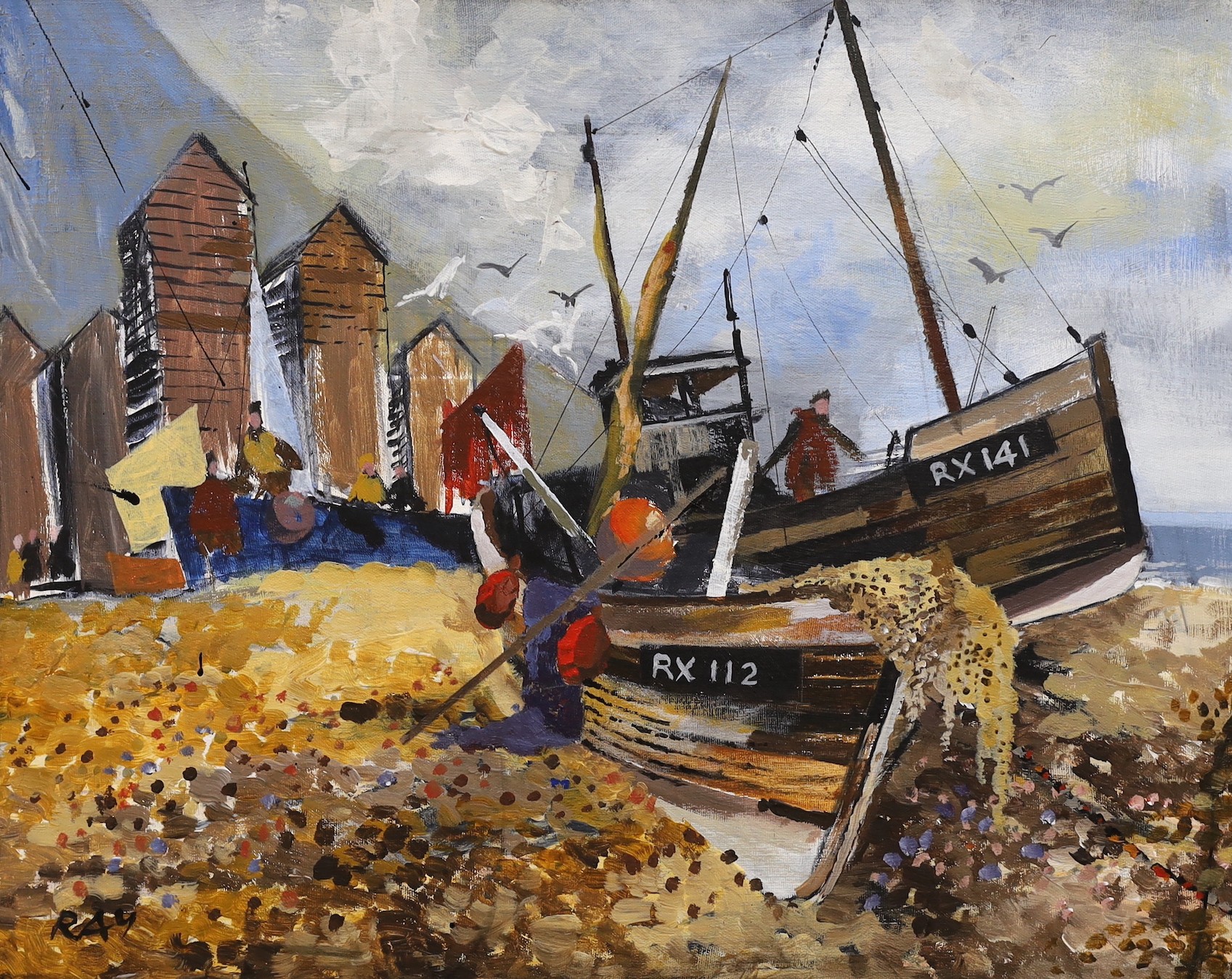 Edith Ray (1905-1989), oil on board, Fishing boats on the beach, signed, 36 x 45cm